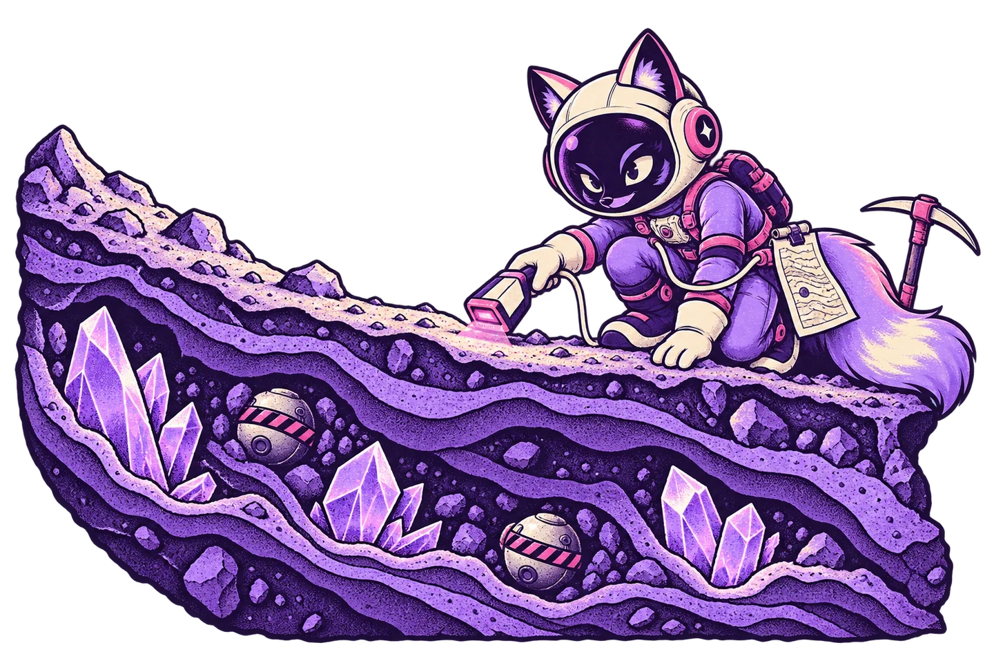 A fox surveyor examines a lunar cutaway, crystals and buried hazards.